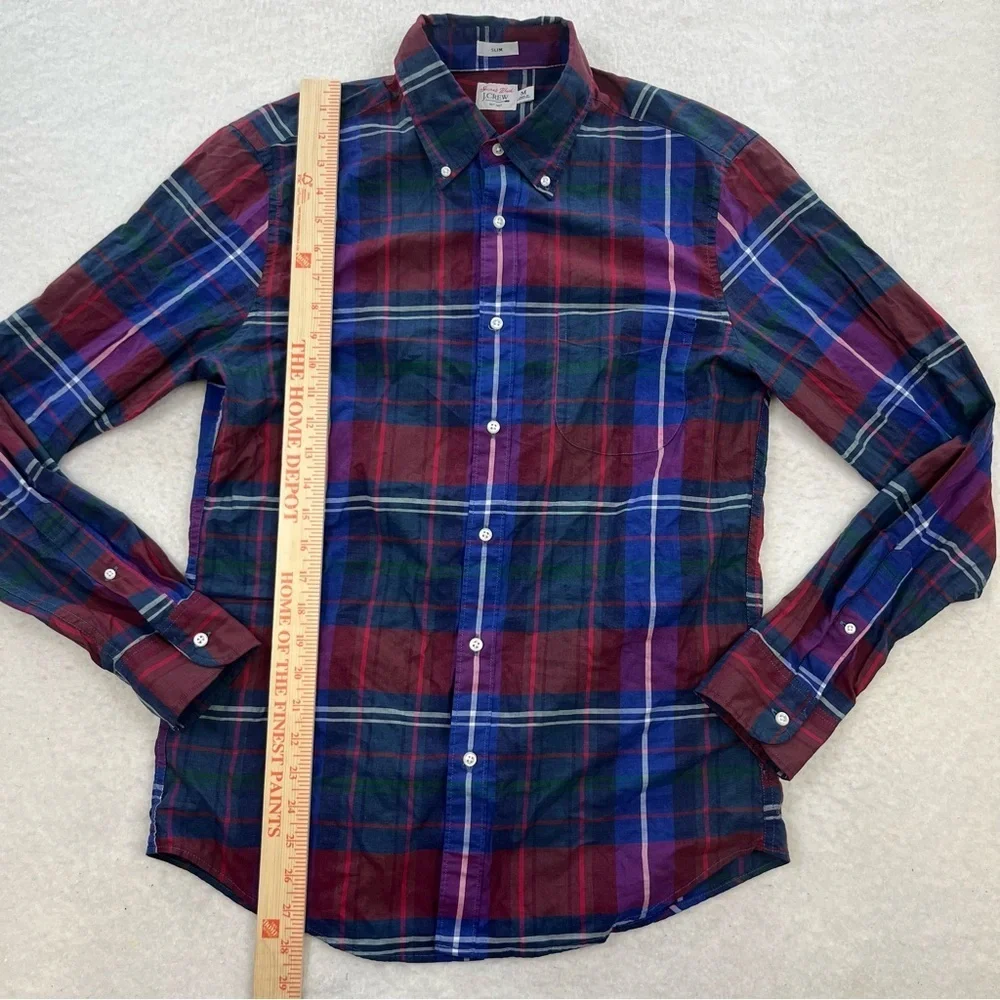 J. Crew Secret Wash Slim Cotton Poplin Plaid Long Sleeve Button Down Size Medium